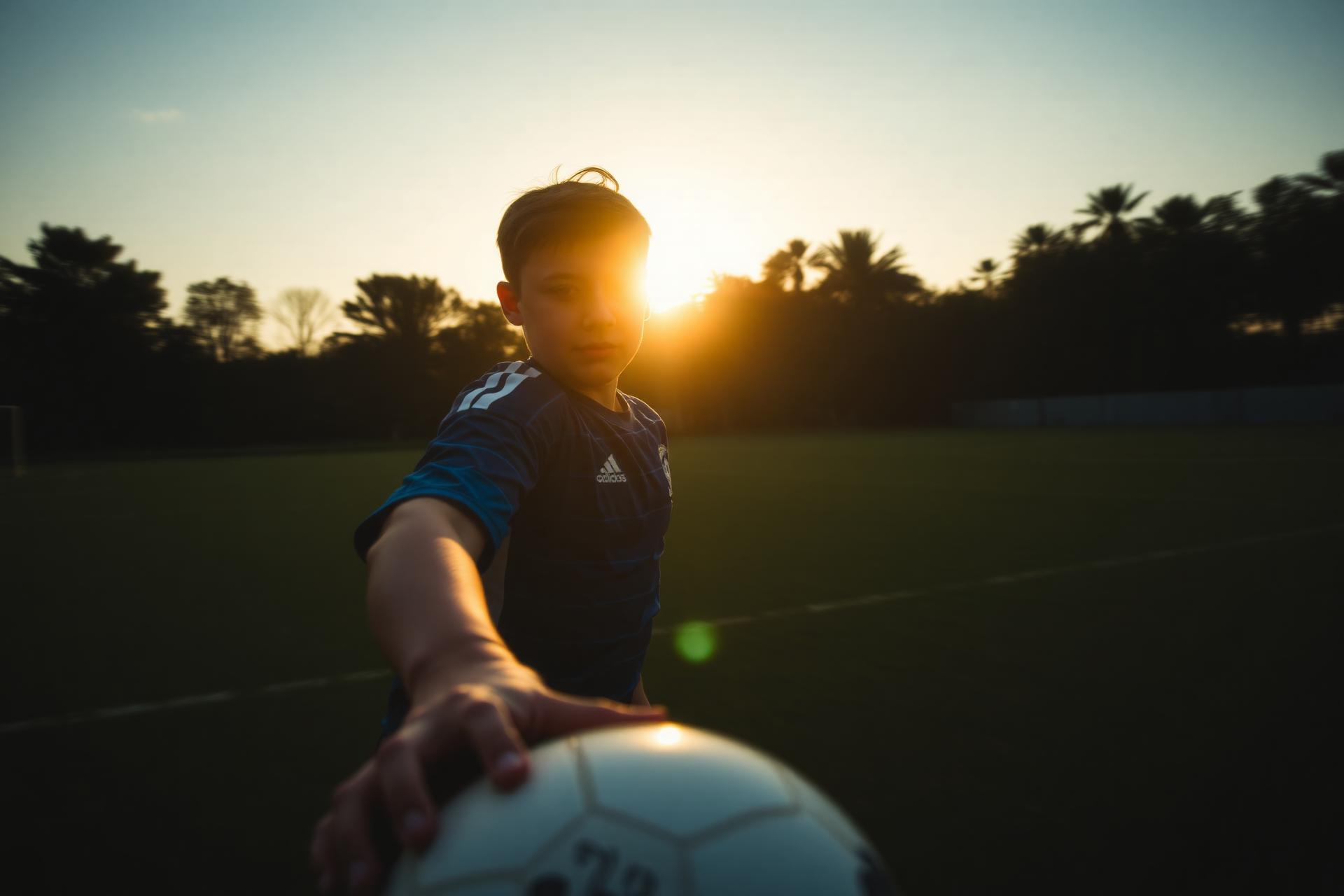 Youth soccer player at sunset